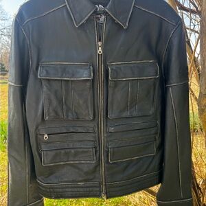 Black Harley Davidson Men's Leather Zip-Front Jacket with Multiple Pockets